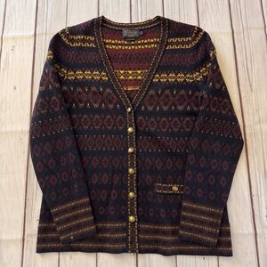 Pendleton Sweater Womens Small Blue Yellow Fair Isle Wool Button Up Cardigan